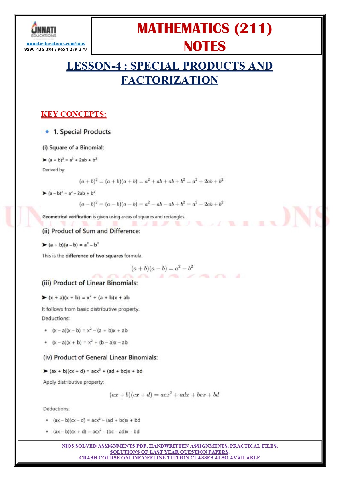 NIOS Class 10 Mathematics 211 notes sample page on special products and factorization key concepts