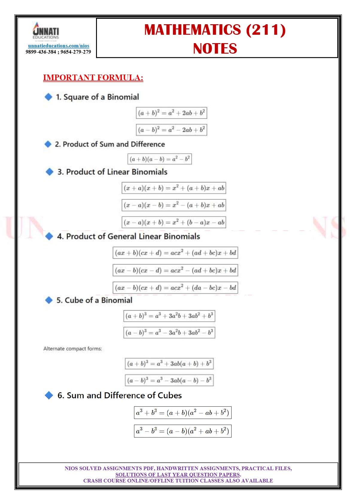 NIOS Mathematics 211 notes sample page showing important algebra formulas