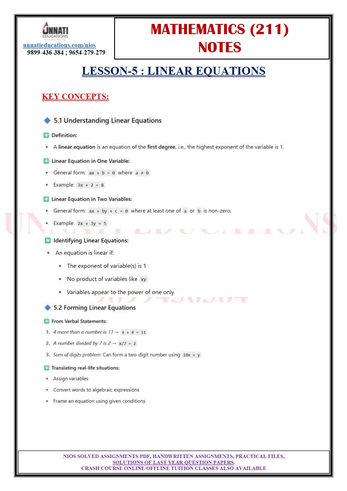 NIOS Class 10 Maths 211 notes sample page on linear equations with graph