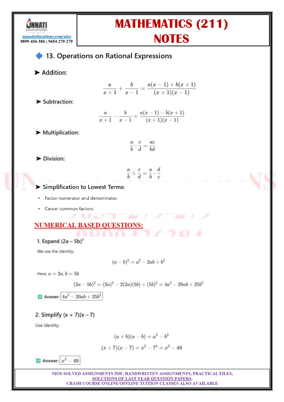 NIOS Maths 211 notes sample page with solved numerical based questions