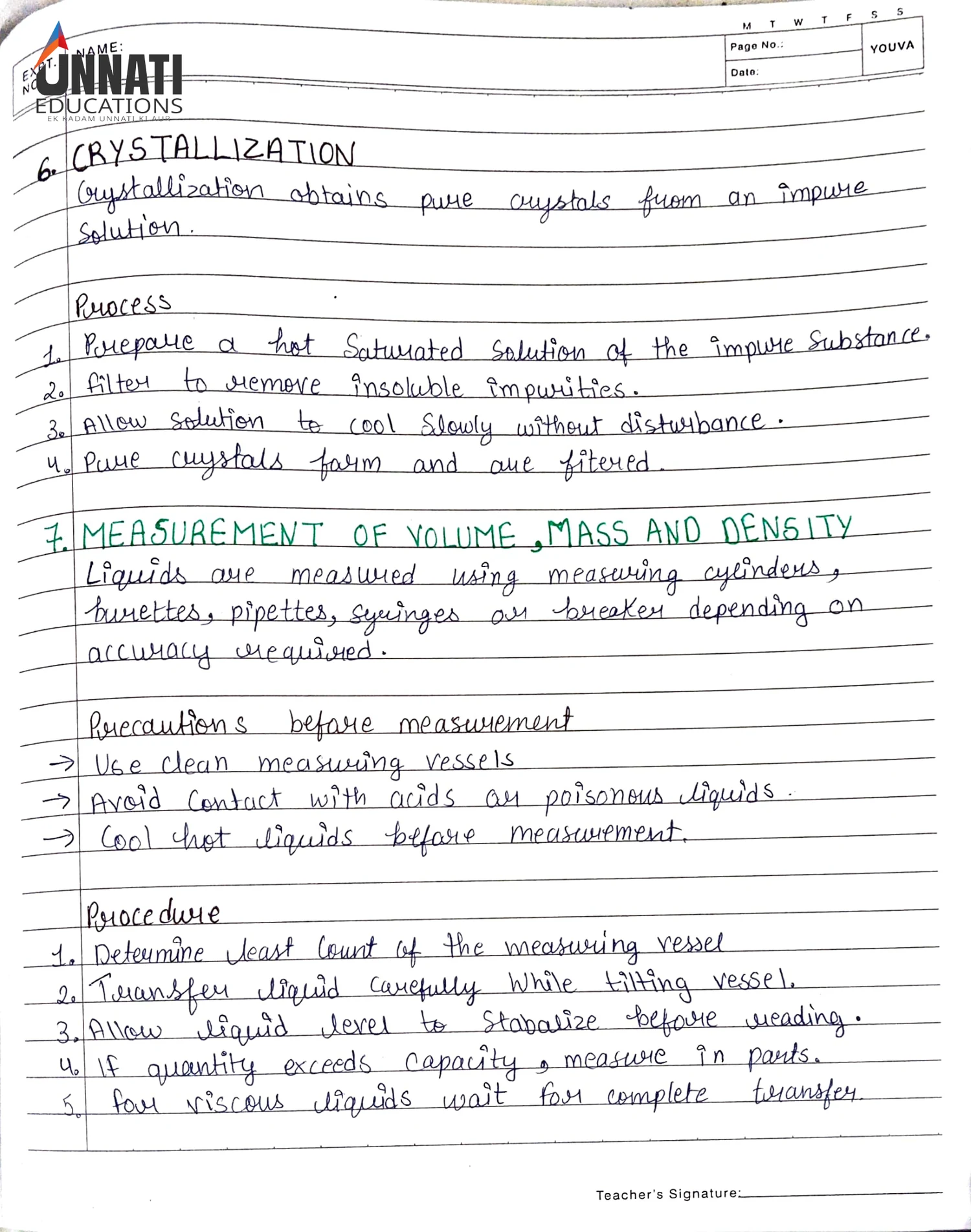 Experiments 6 & 7: Crystallization & Volume/Mass Measurement