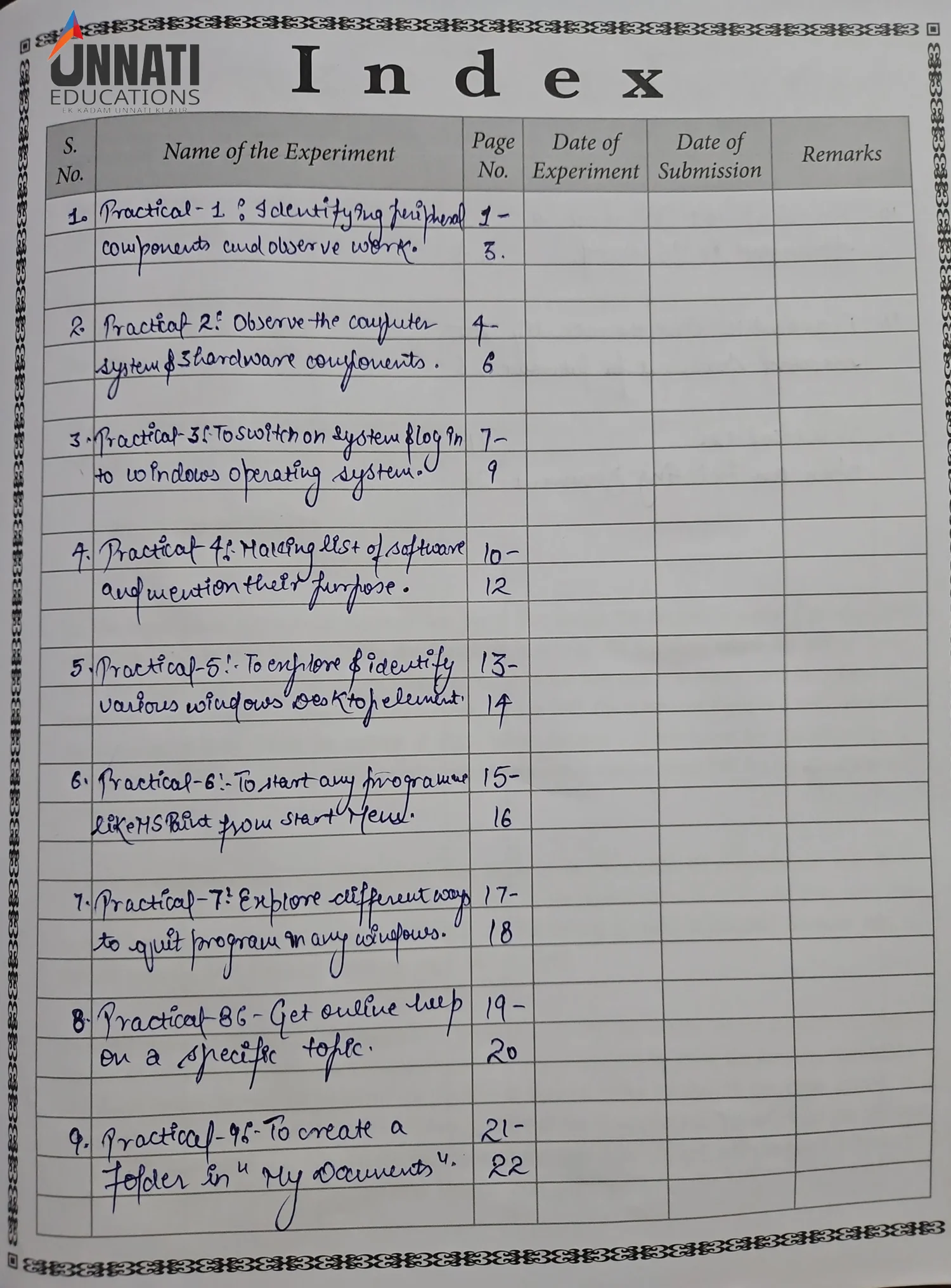 NIOS Data Entry Operations 229 practical file sample page 1 - Index Page