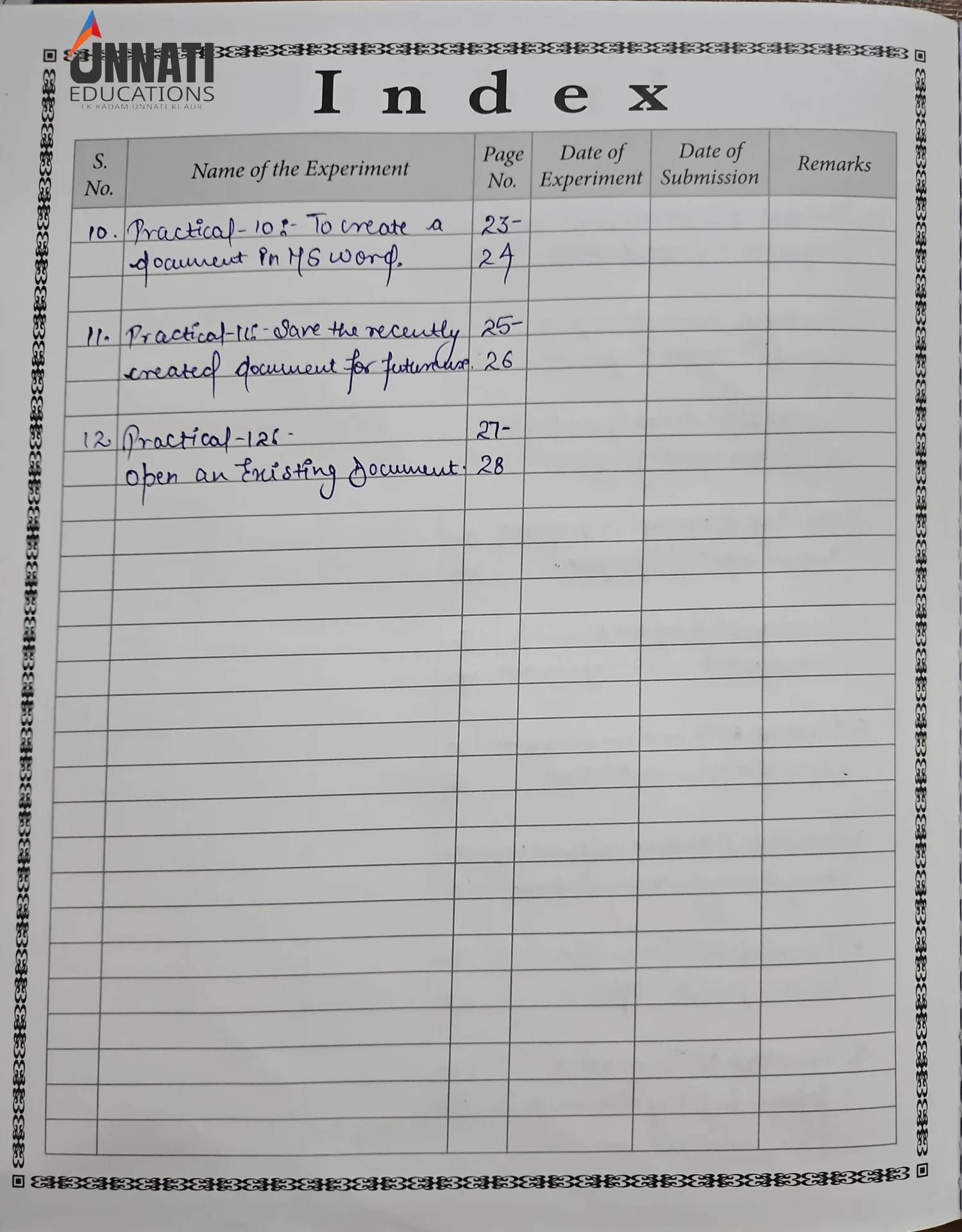 NIOS Data Entry Operations 229 practical file sample page 2 - Index Continued