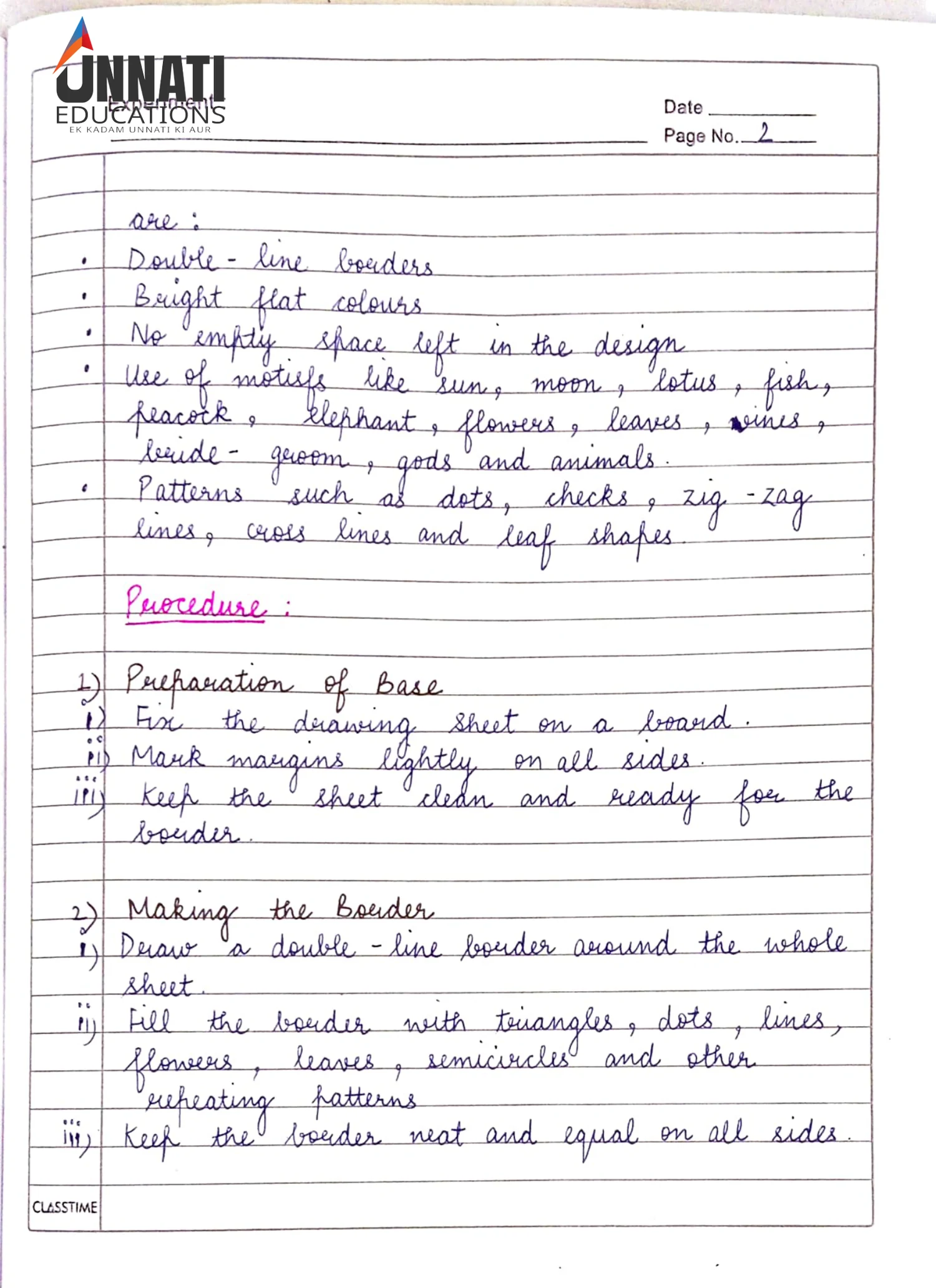 NIOS Folk Art 244 practical file sample page 5 - Madhubani: Procedure & Observations