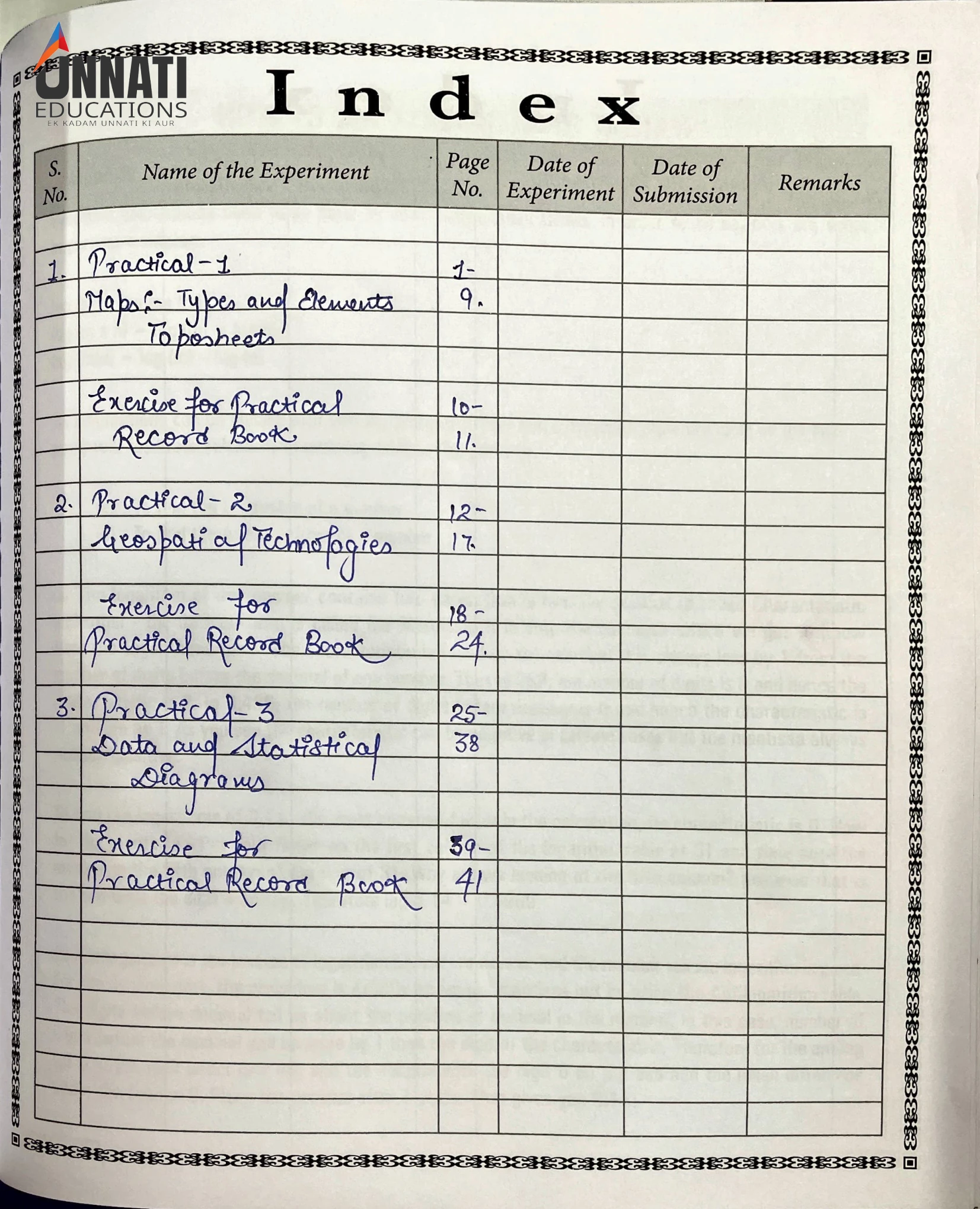 NIOS Geography 316 practical file sample page 1 – index page