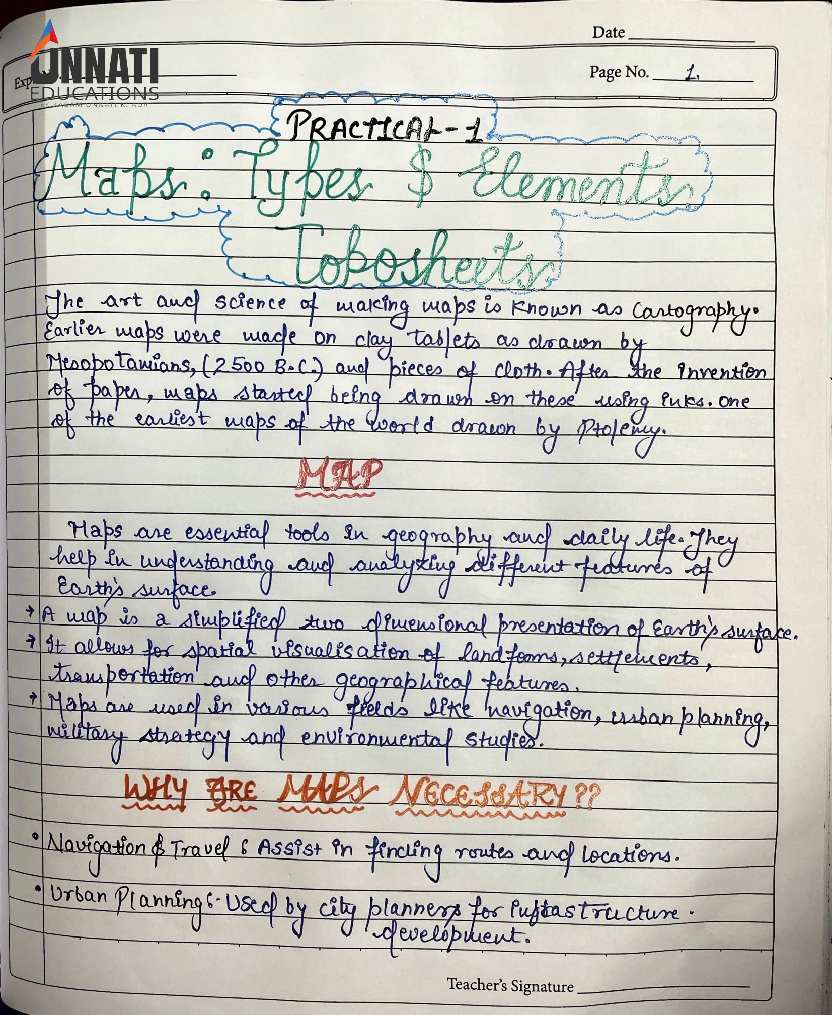 NIOS Geography 316 practical file sample page 2 – cartography introduction