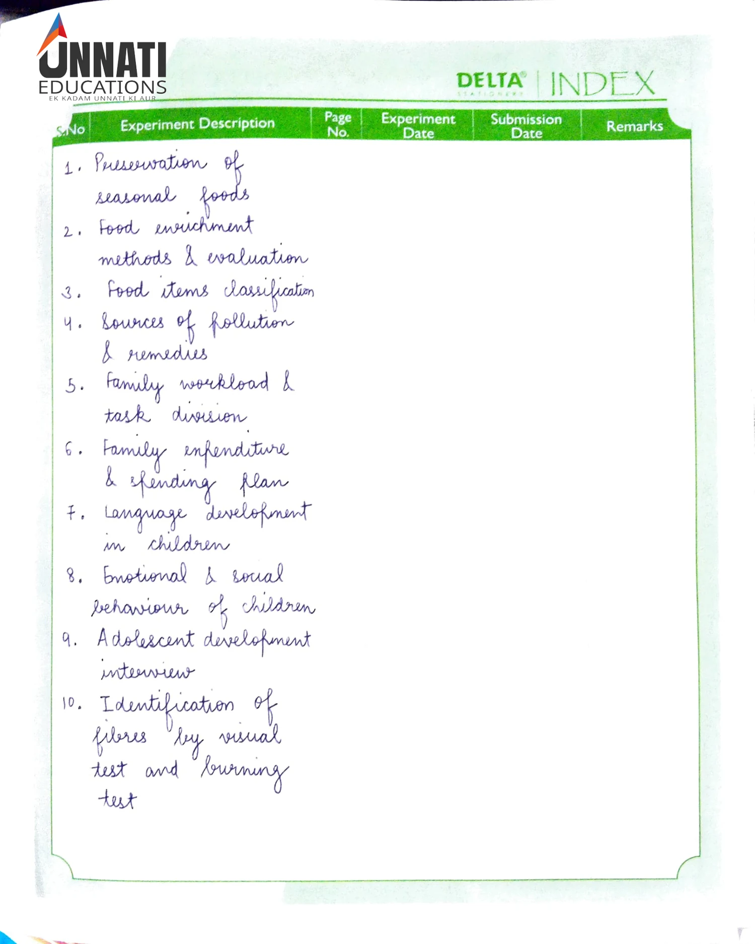 NIOS Home Science 321 practical file experiment index page
