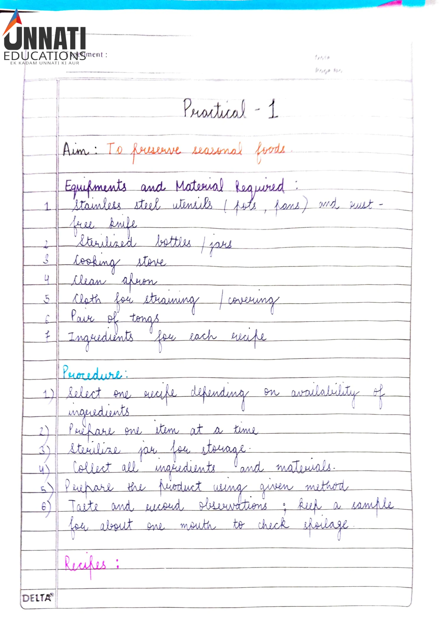 NIOS Home Science 321 practical file food preservation aim and materials page