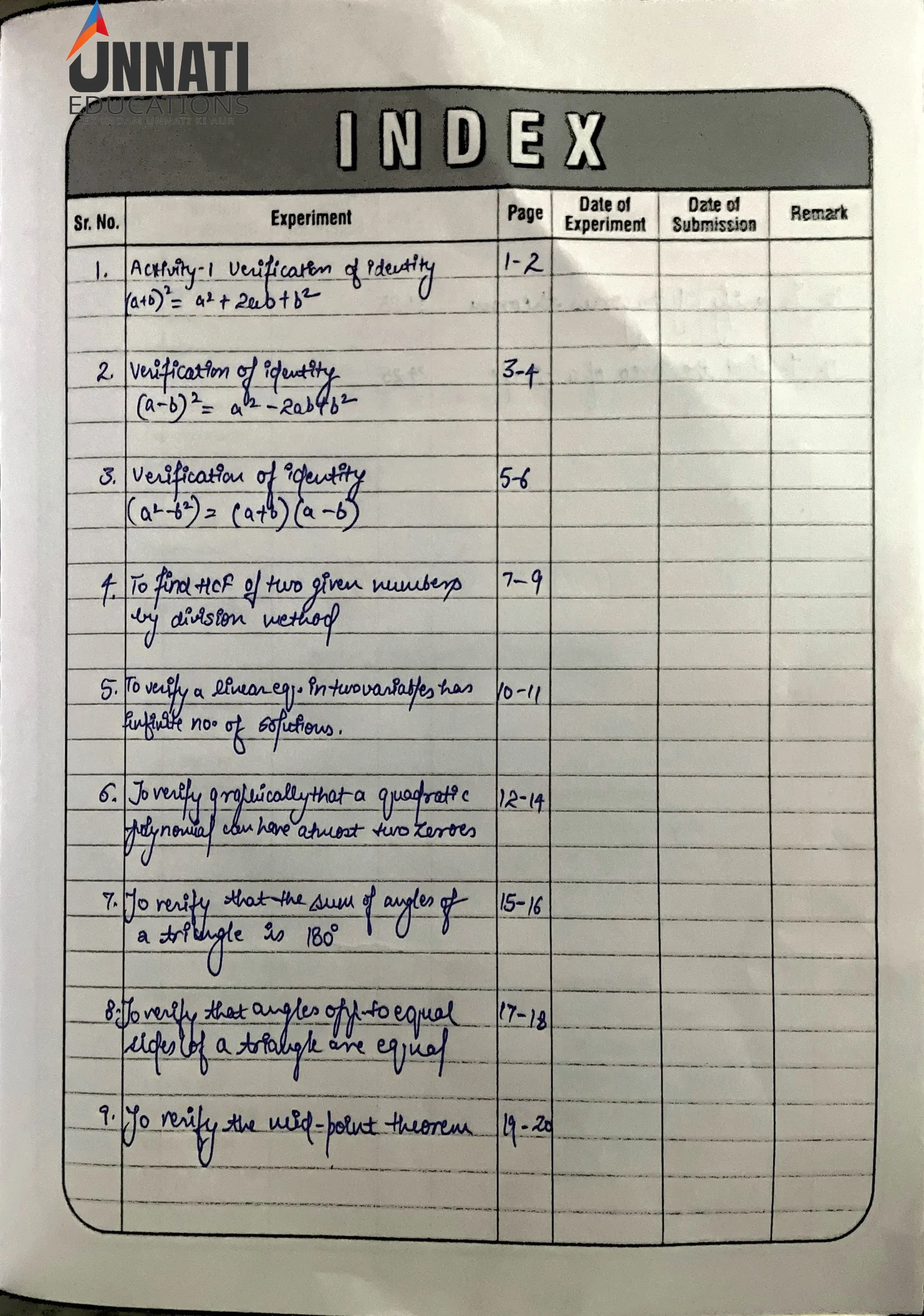 NIOS Mathematics 211 practical file sample page 1 - Index Page