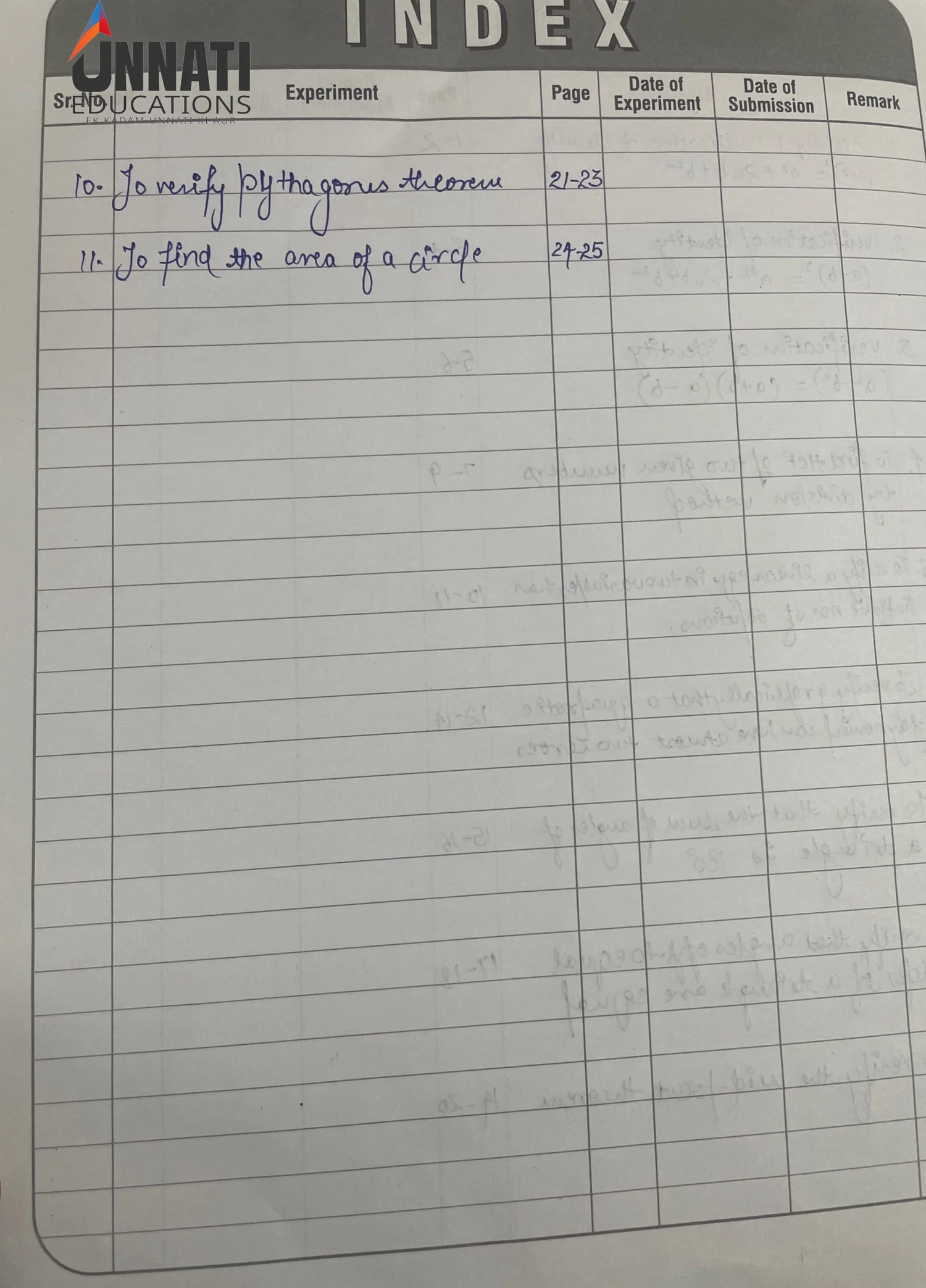 NIOS Mathematics 211 practical file sample page 2 - Index Continued