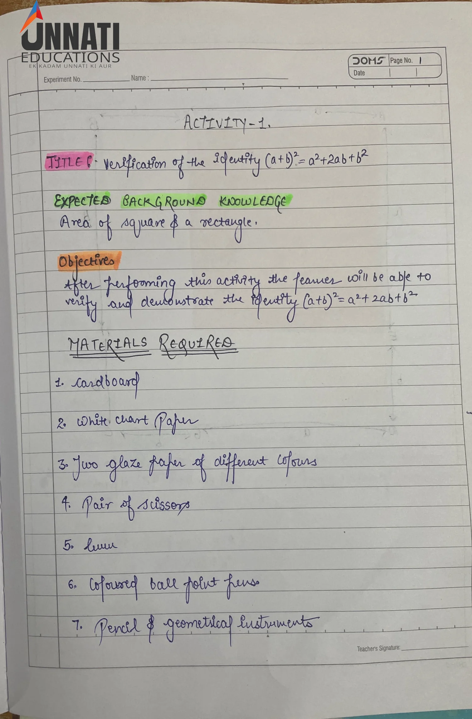 NIOS Mathematics 211 practical file sample page 3 - Activity 1 Introduction