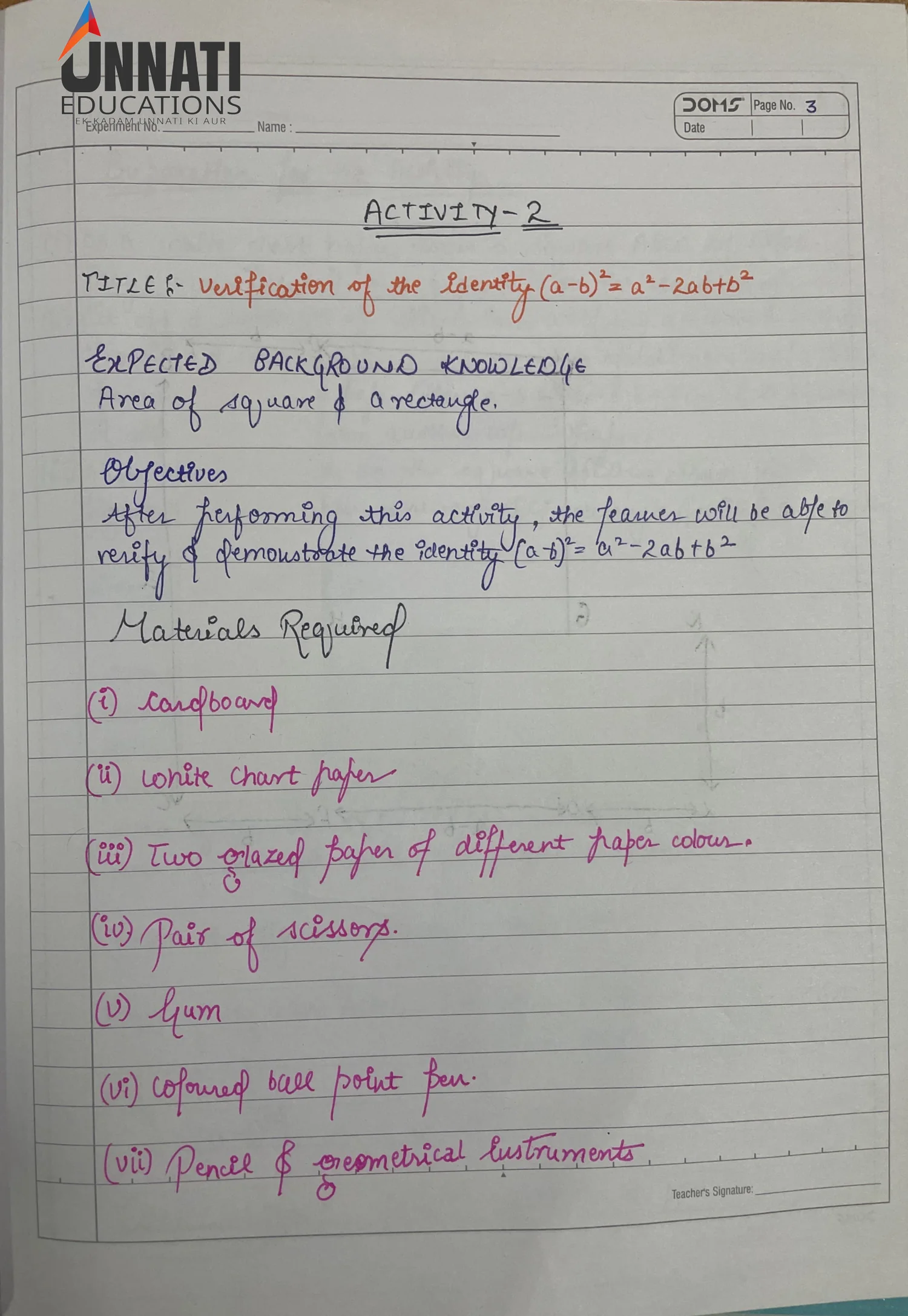 NIOS Mathematics 211 practical file sample page 6 - Activity 2 Introduction