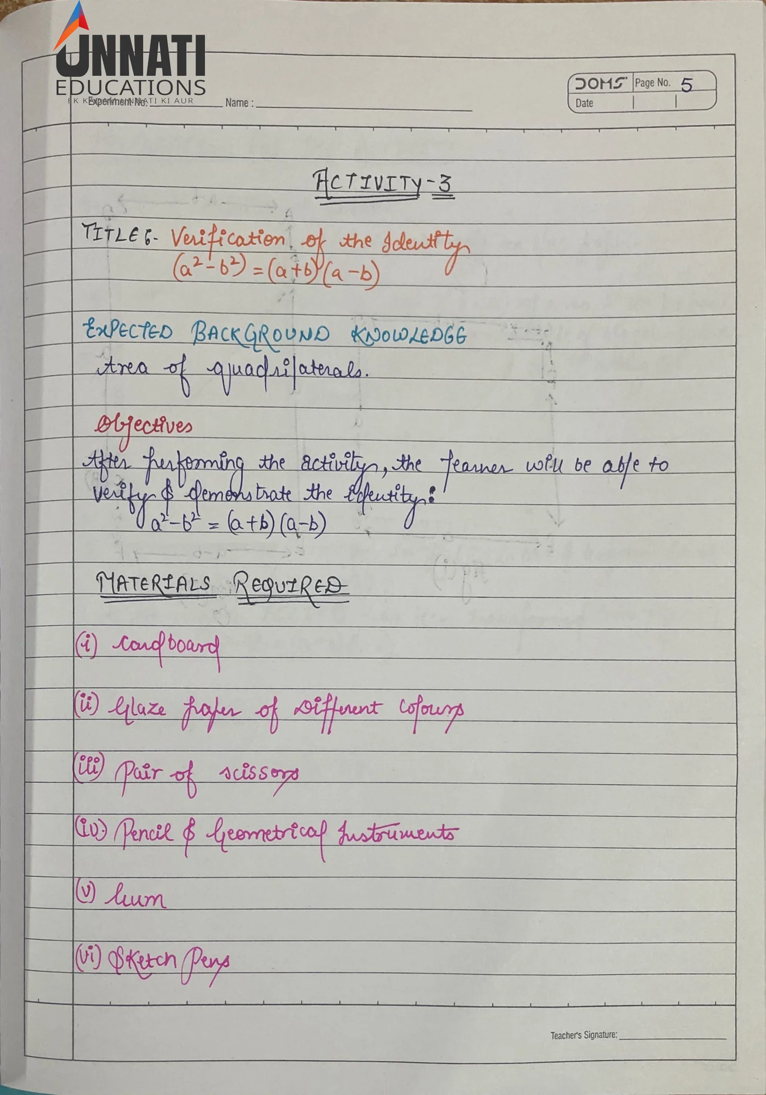 NIOS Mathematics 211 practical file sample page 9 - Activity 3 Diagram