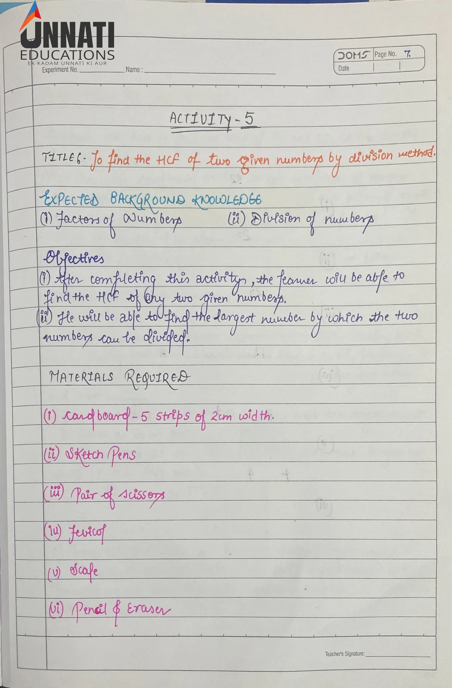 NIOS Mathematics 211 practical file sample page 12 - Linear Equation Graph