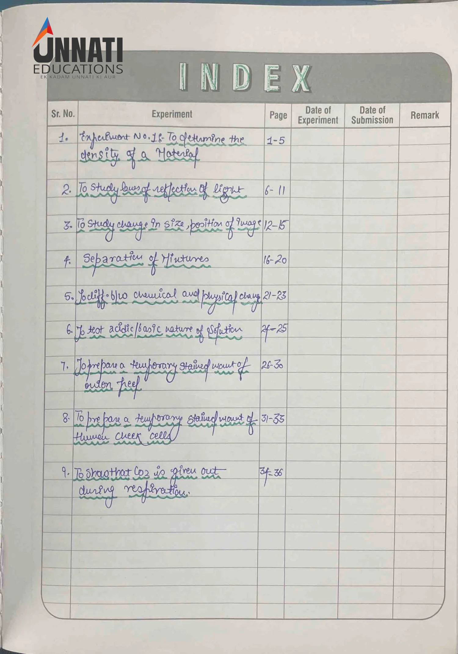 NIOS Science 212 practical file sample page 1 - Index Page