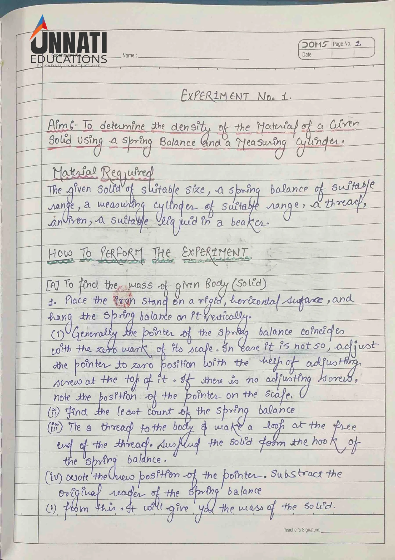 NIOS Science 212 practical file sample page 3 - Experiment 1 Write-Up