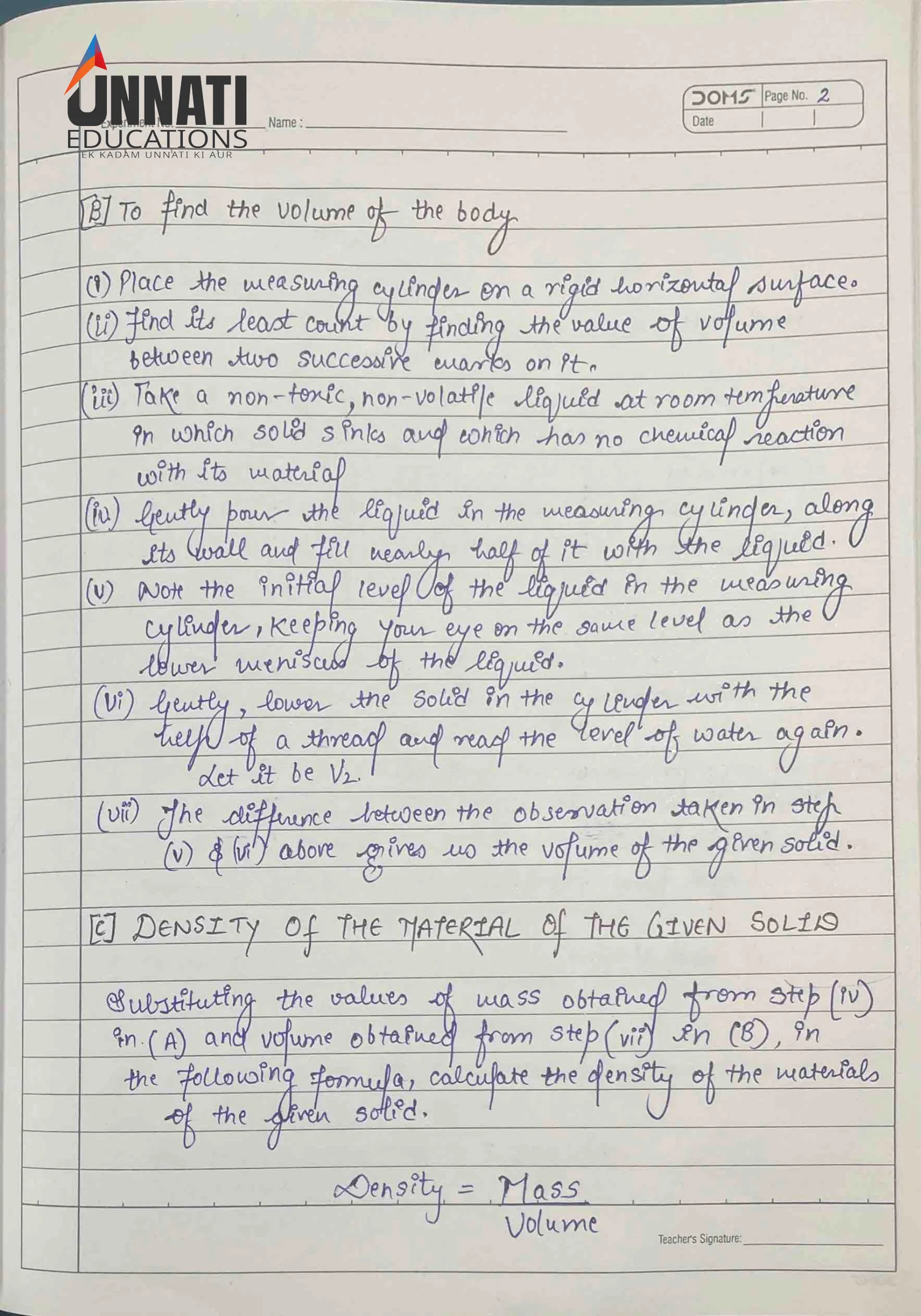 NIOS Science 212 practical file sample page 5 - Experiment 1 Calculations