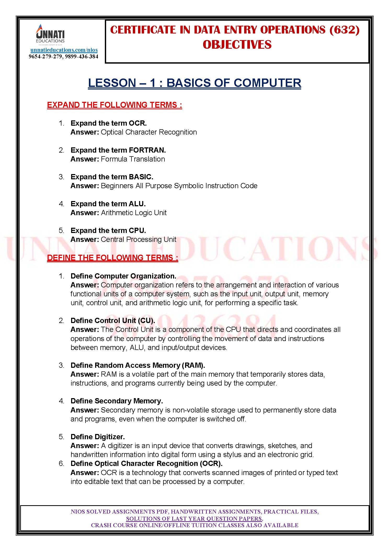 ms, which together cover the abbreviations and definitions the paper leans on. The whole set is mapped against the latest NIOS Syllabus so nothing outside the current course slips in.