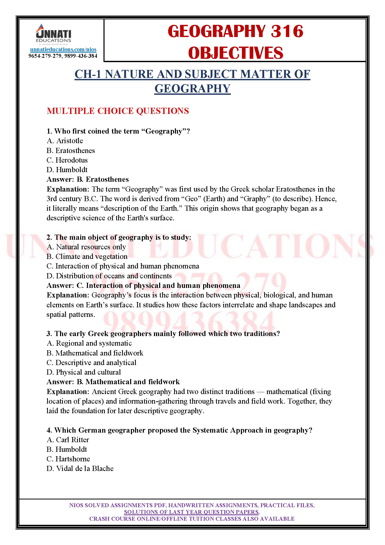 e you can move to full solutions and notes from our NIOS Study Material collection for your remaining subjects. Sample Multiple Choice Questions from NIOS Geography 316 Here is a no-cost preview drawn straight from our Geography 316 bank so you can judge the standard before a