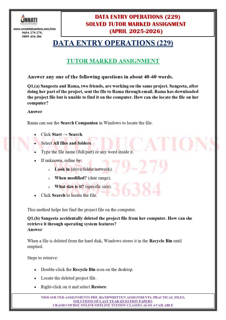 NIOS Class 10 Data Entry Operations 229 Solved TMA