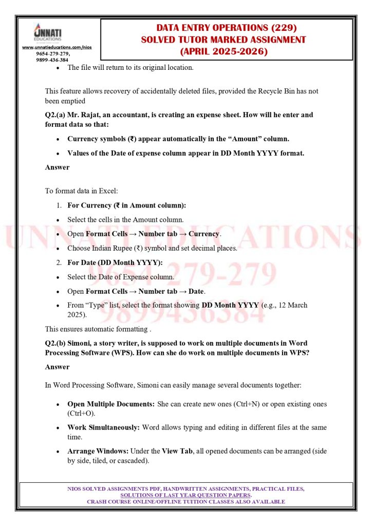 NIOS Class 10 Data Entry Operations 229 Solved TMA