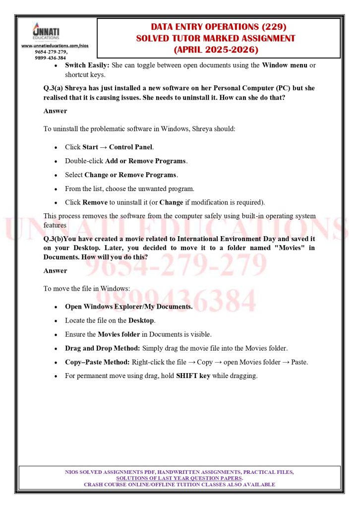 NIOS Class 10 Data Entry Operations 229 Solved TMA