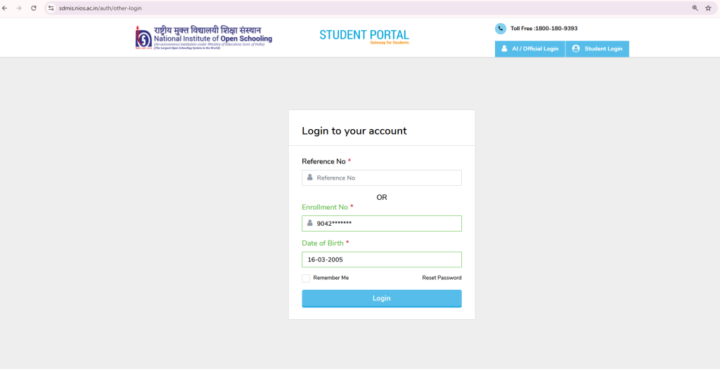 Click on “Login” and sign in using your Reference Number or Enrollment Number along with your Date of Birth