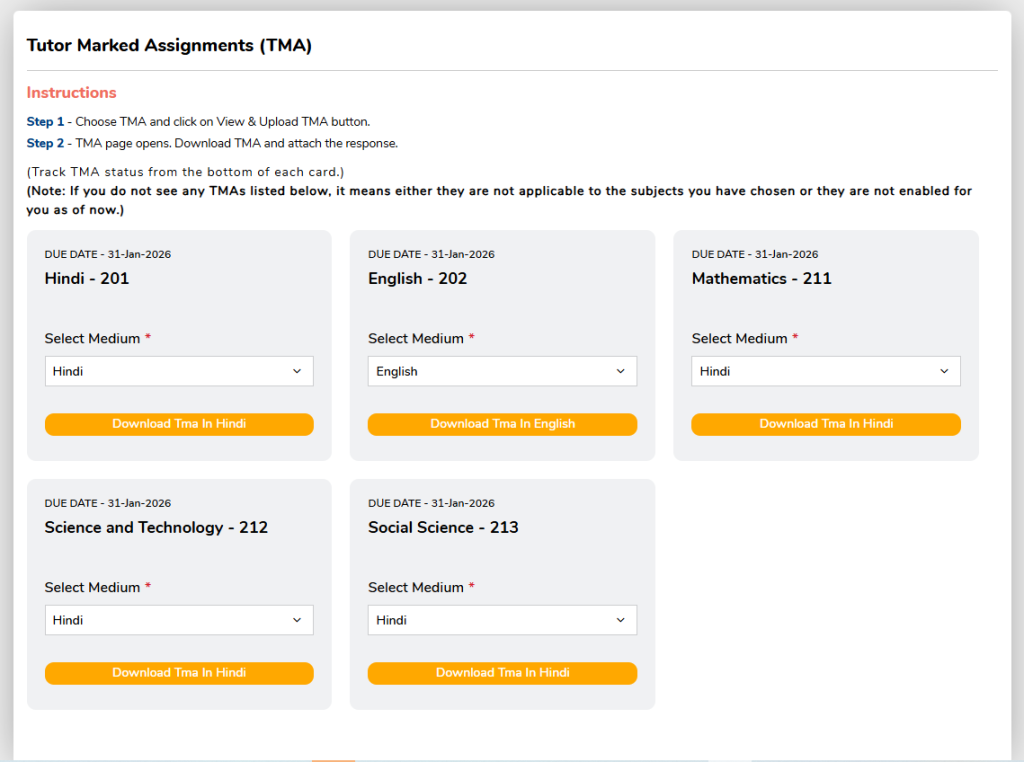 Click on the subject name for which you want to download the TMA.