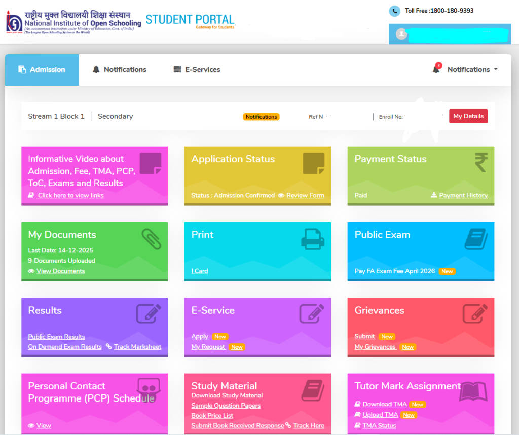 Go to the official student portal sdmis.nios.ac.in, Login to your Dashboard.