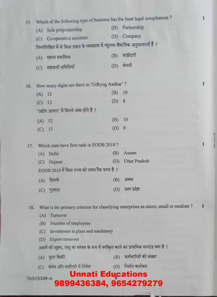 NIOS Class 10 Entrepreneurship 249 Question Paper (October 2025 Set A)