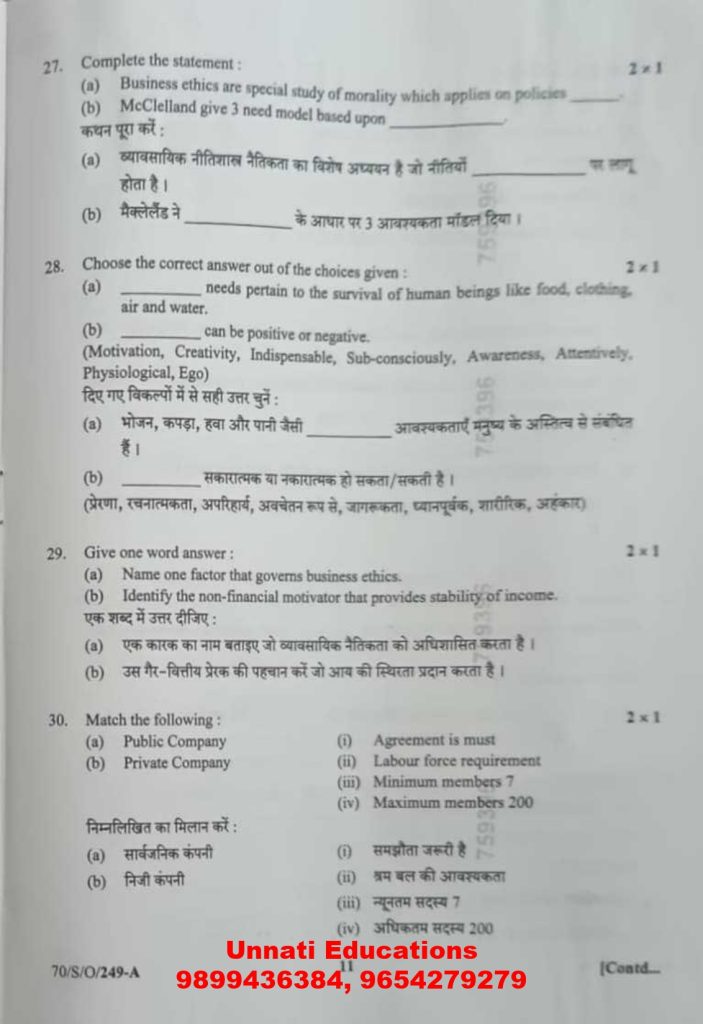 NIOS Class 10 Entrepreneurship 249 Question Paper (October 2025 Set A)