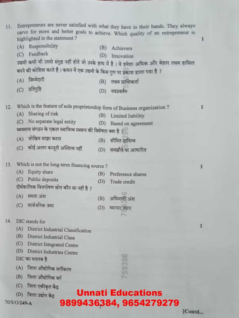 NIOS Class 10 Entrepreneurship 249 Question Paper (October 2025 Set A)