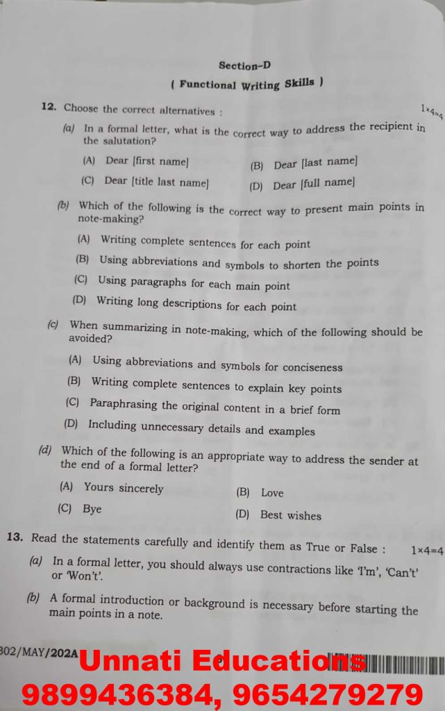 NIOS Class 12 English 302 Question Paper Set A October 2025