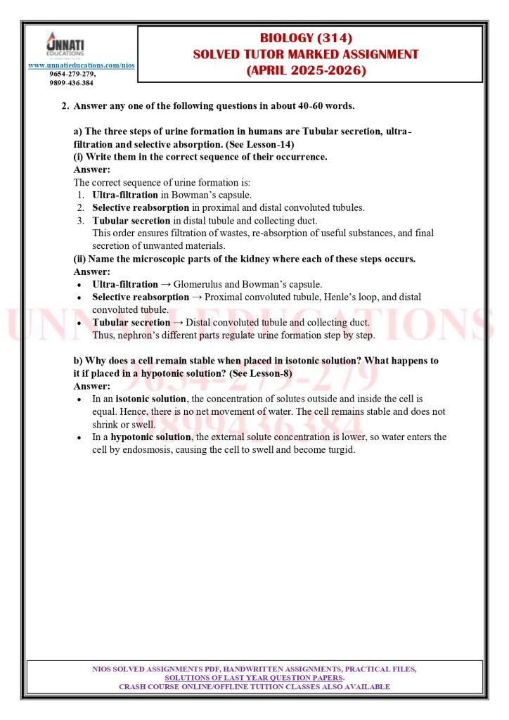 NIOS Class 12 Biology 314 Solved TMA 2025-26