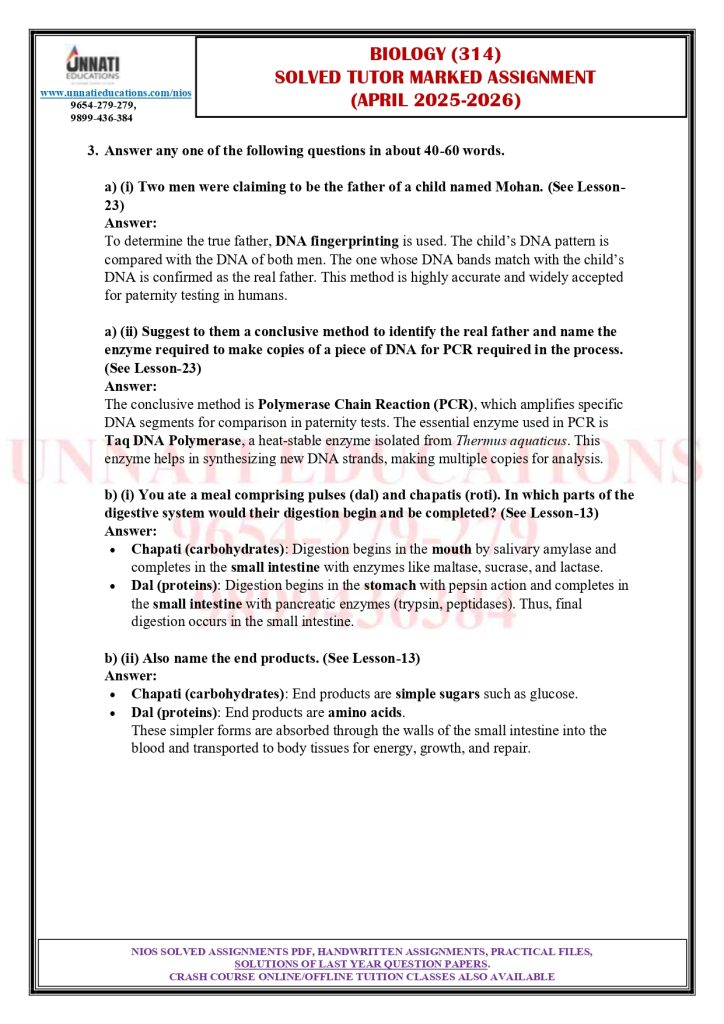 NIOS Class 12 Biology 314 Solved TMA 2025-26